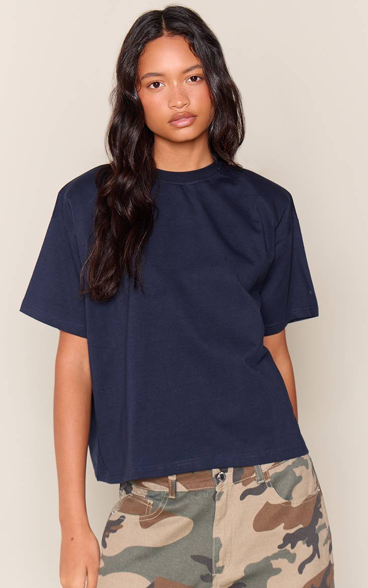 Bleu Marine T-shirt Boxy En Coton Avec Épaulettes Intégrées
