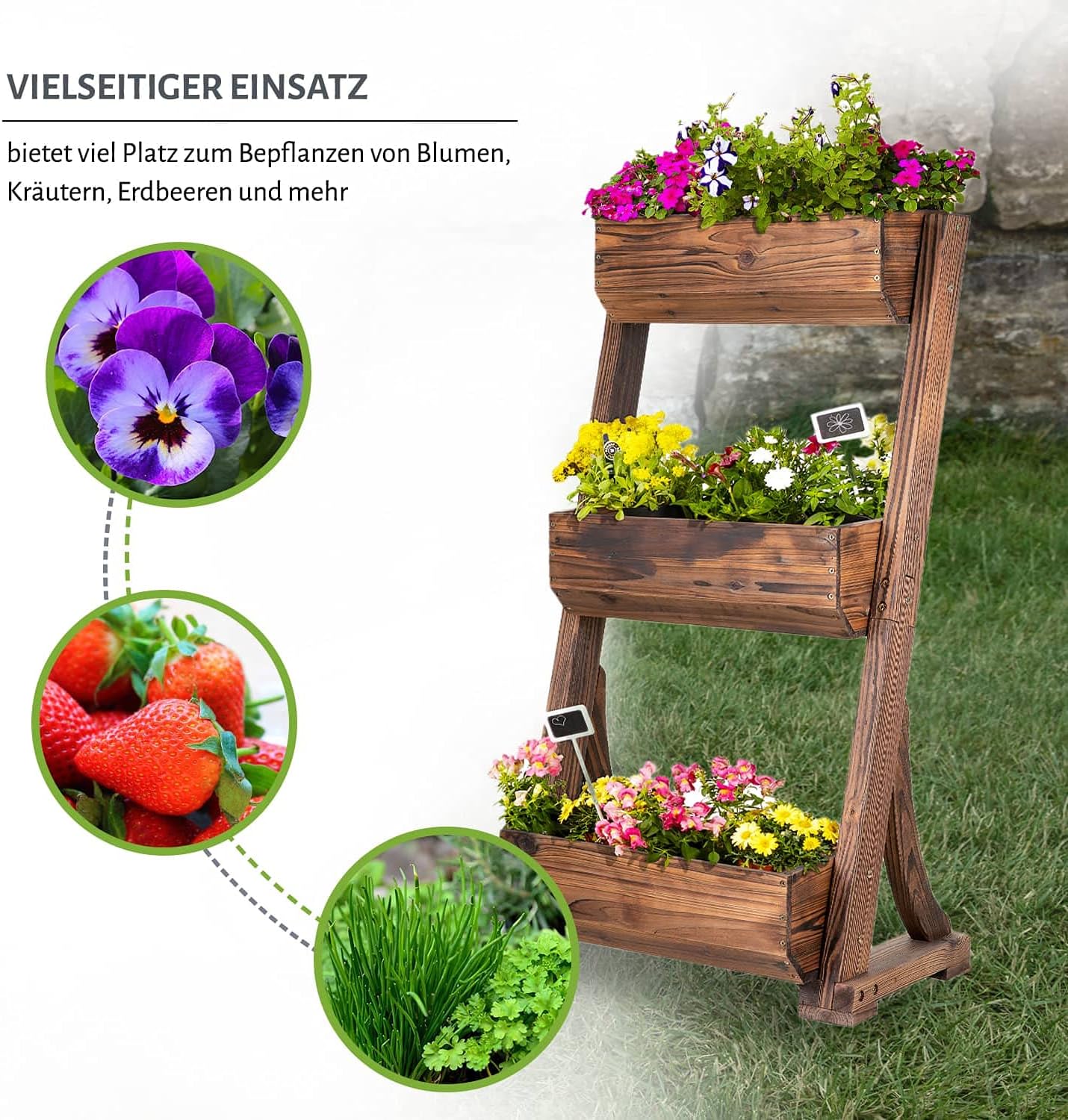 empasa Vertikales Hochbeet 'RAISE 3' Blumenkasten Pflanzkübel Frühbeet Kräuterbeet aus Holz mit drei Etagen, 62 x 47 x 117 cm