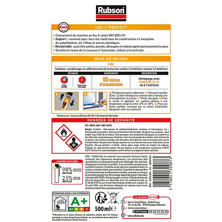 Mousse expansive Rubson Feu B2 aérosol 500ml