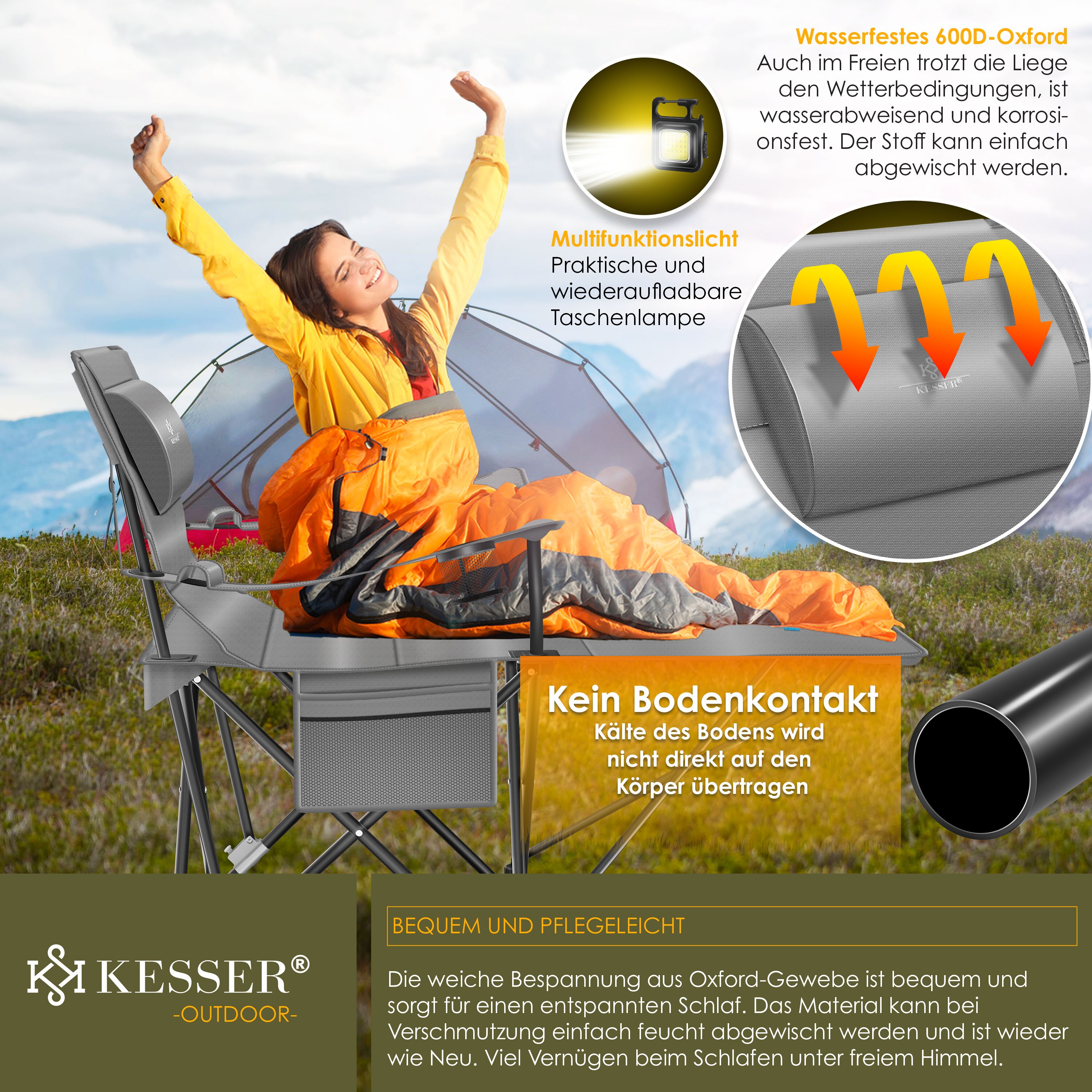 KESSER® Campingliege Campingstuhl 2in1 bis 160kg | Feldbett klappbar | Campingbett faltbar extra breit | Campinglicht & Getränkehalter + Aufbewahrungstasche & Transporttasche | Angelliege verstellbar