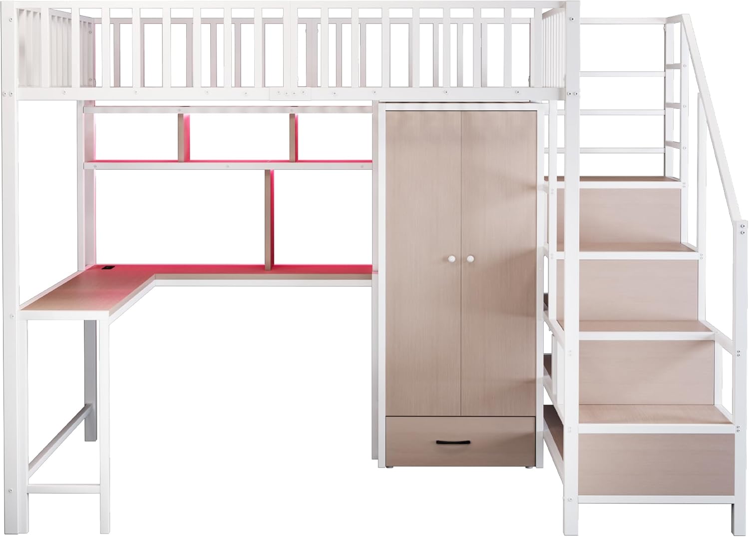 Merax Metall Hochbett 140x200 cm, mit Schreibtisch, Regal, Kleiderschrank und Schubladen, Hochbett mit LED Beleuchtung, Steckdose, USB Typ C, weiß (ohne Matratze)