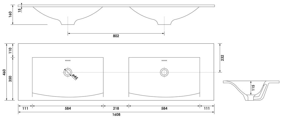 Brauer Glacier dubbele wastafel fine stone 160cm zonder kraangaten wit mat