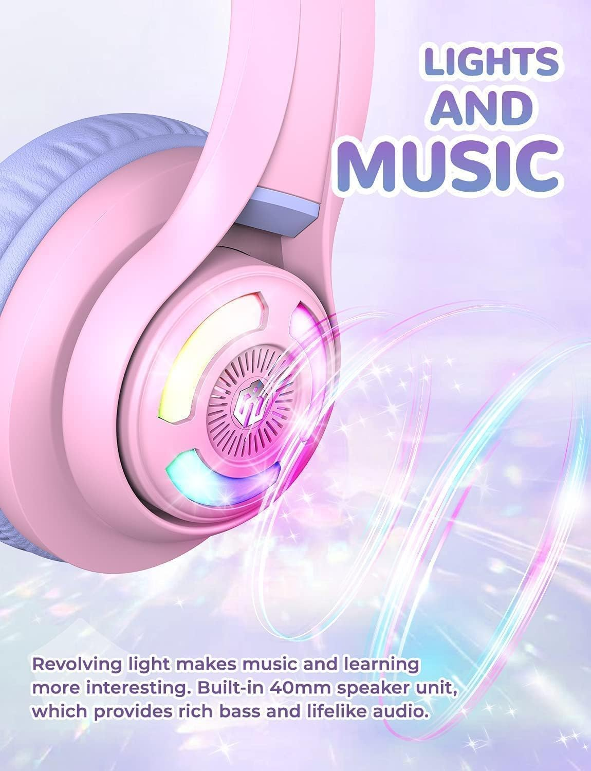 BTH13 Headphone Kids BT LED Bluetooth Kopfhörer Over-Ear 74/85dB Lautstärkeeinstellungen mit Katzenohren (C04-2083N-15) - Rosa / Violett
