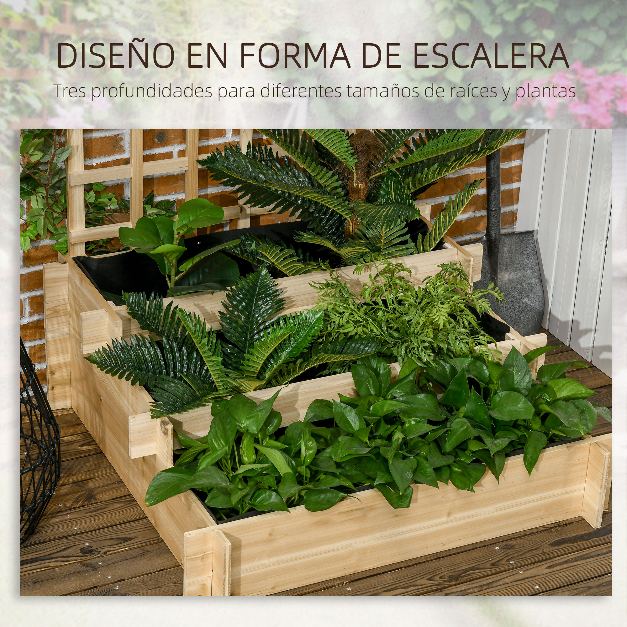 Jardineira de madeira natural Outsunny para escada