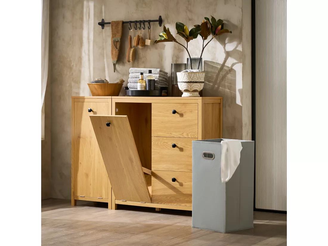 SoBuy Armoire à Linge avec Sac à Linge, Meuble Bas de Salle de Bain, Commode pour Salle de Bain, Armoire Toilette avec 3 Tiroirs et 1 Panier à Linge, Naturel Foncé, 80x35x90 cm, BZR97-SN