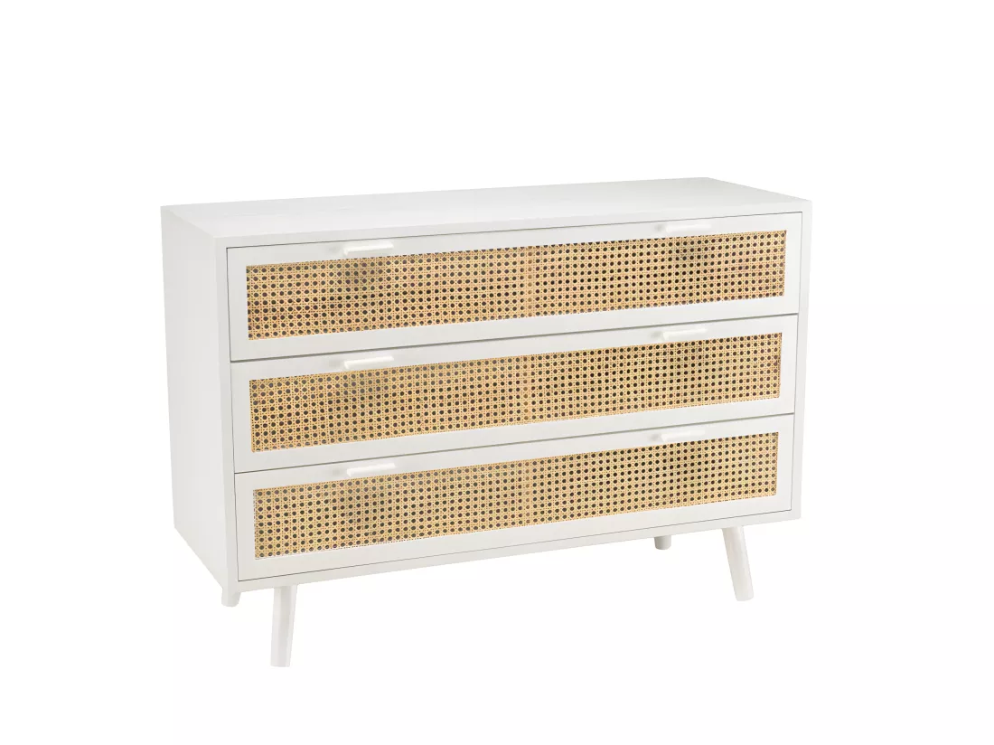 SANDRO - Commode blanche 3 tiroirs cannage naturel
