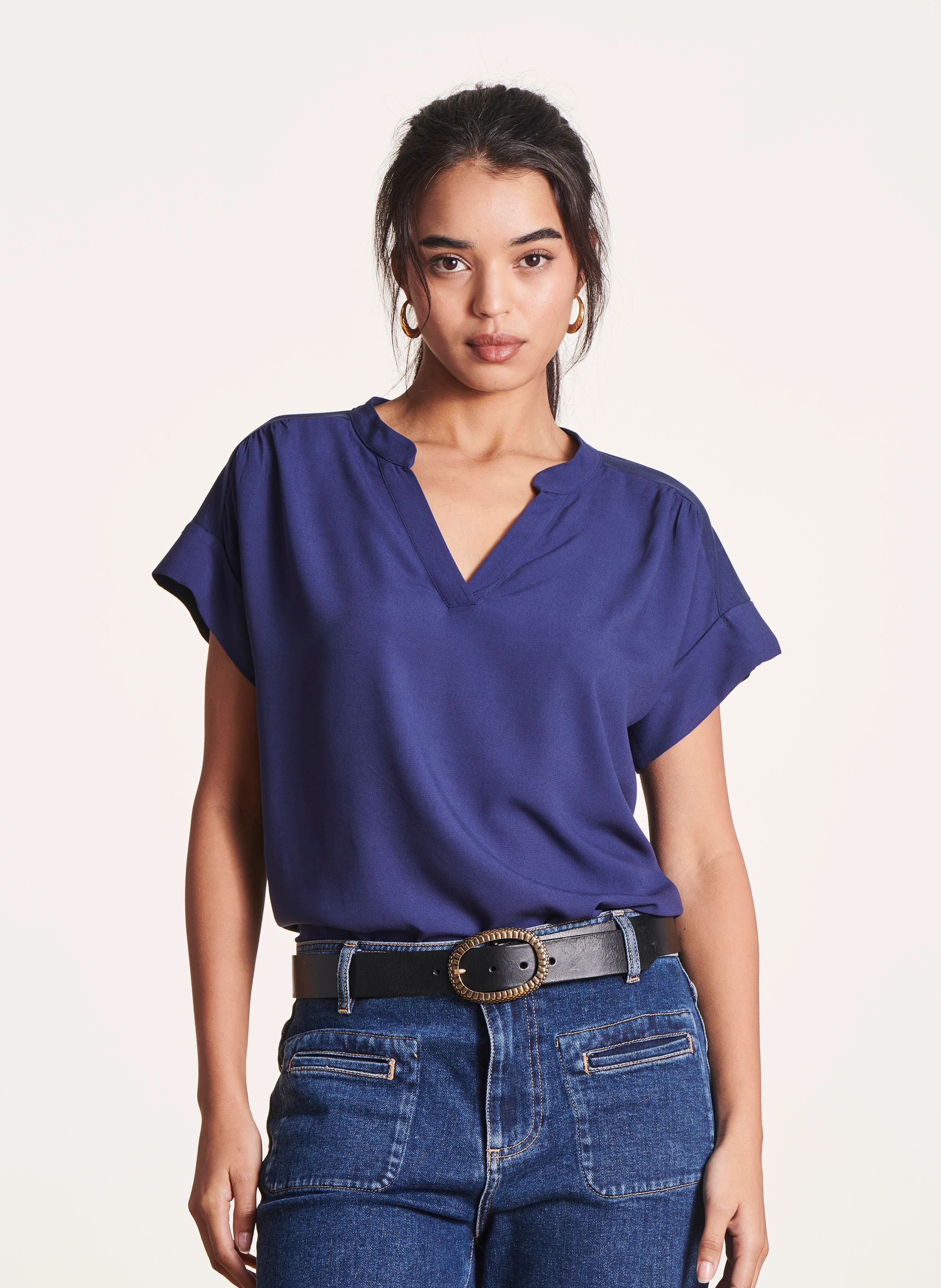 Tee-shirt ample col V bi-matières | Bleu