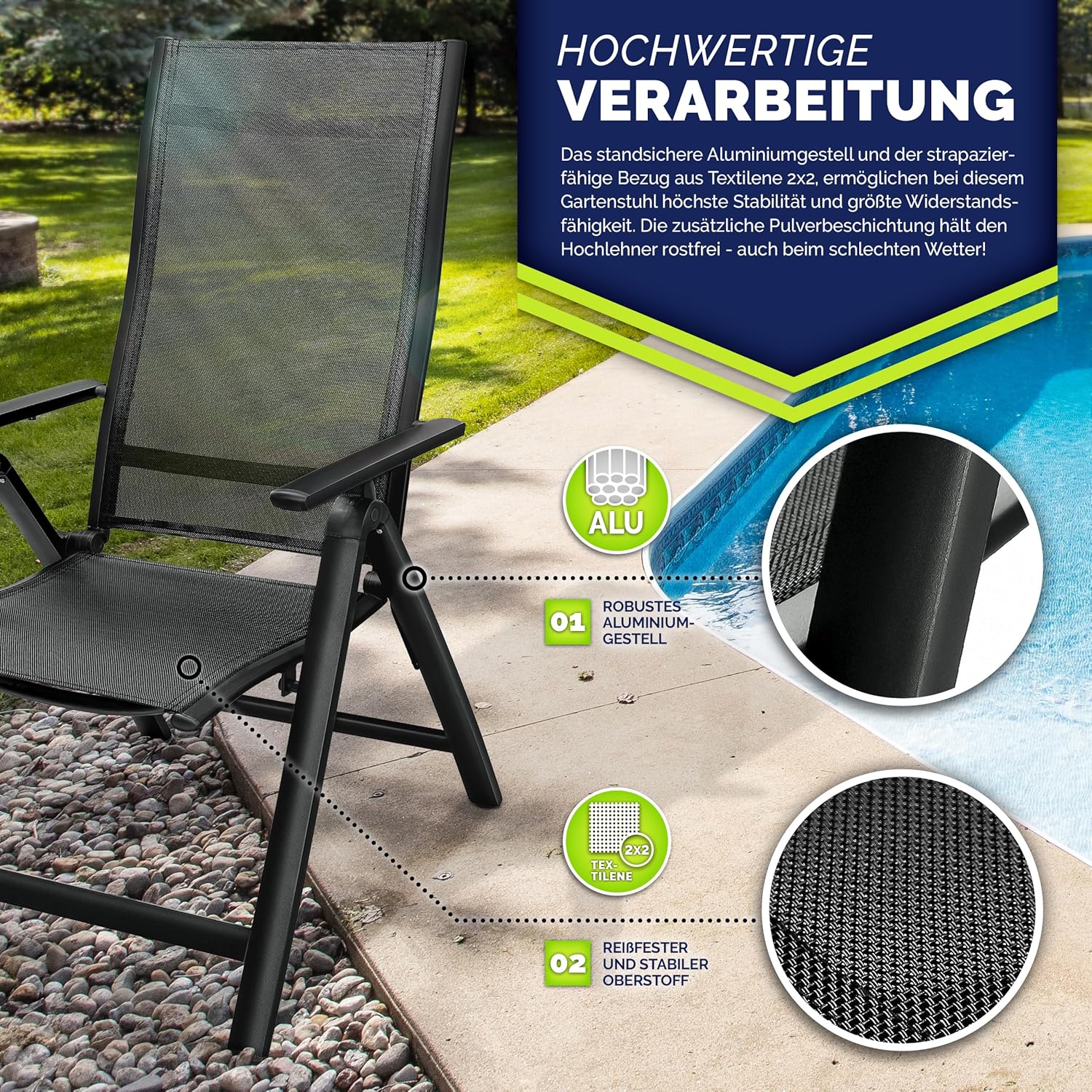tillvex Gartenstuhl Premium 2er Set klappbar aus Aluminium | Hochlehner mit Armlehnen | Klappstuhl verstellbar | Klappsessel Balkon Garten Terrasse (Schwarz)
