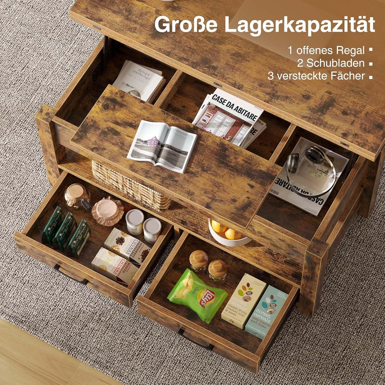 Rolanstar Couchtisch Höhenverstellbar, Wohnzimmertisch mit Schublade & verstecktem Fach, Kaffeetisch umwandelbar in Esstisch, 100 x 50 cm Sofatisch aus Holz