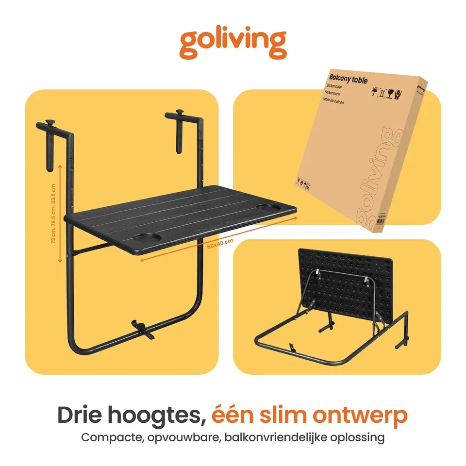 Goliving Balkontafel - Inklapbaar - Hangend - 60 x 40 cm - Hoogteverstelbaar