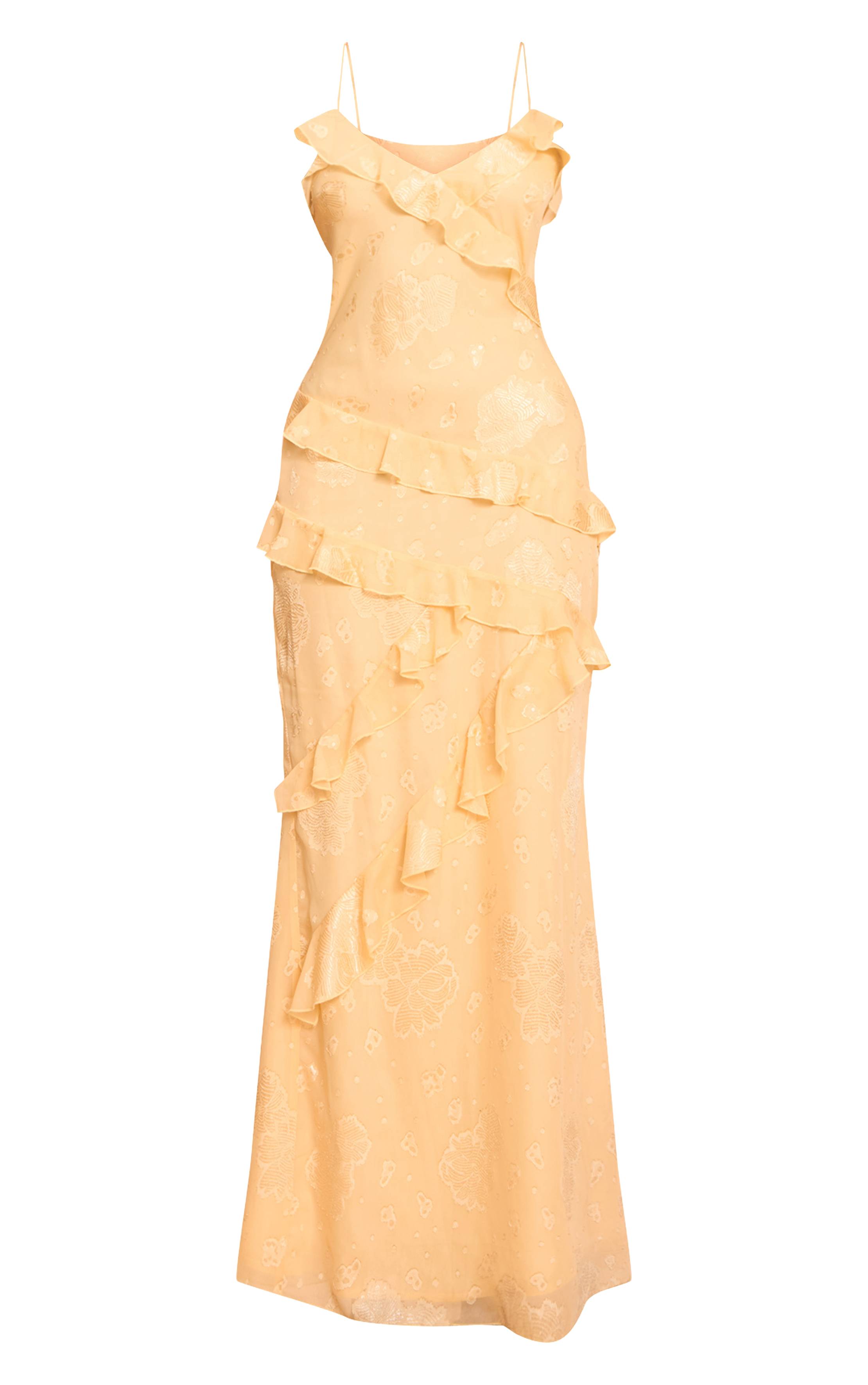 Citron Robe Longue À Volants Brodés De Fleurs