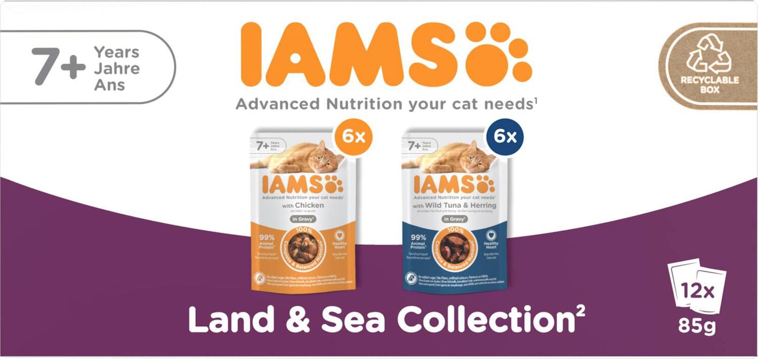 IAMS Delights natvoer Land & Sea Collection Gravy senior kip en tonijn/haring 85 g 12 stuks