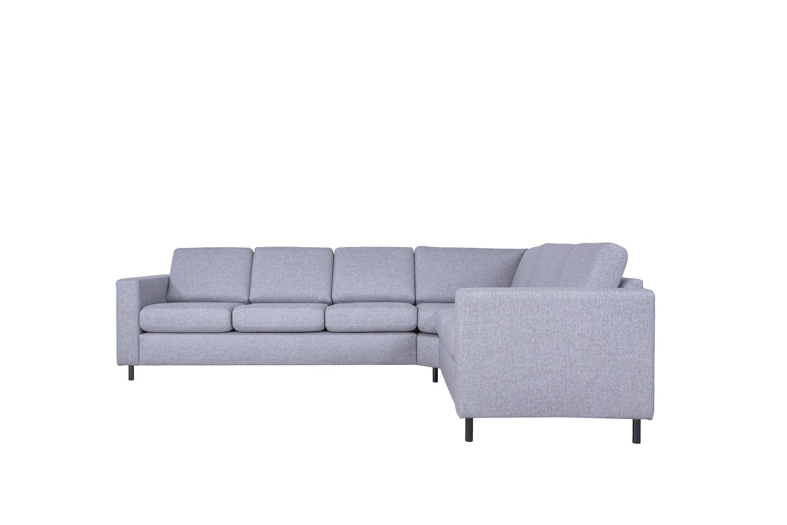Scandinavia Oppsett C5 32/23 hjørnesofa med stort hjørne. Tekstil Rocco 570 lys grå med sorte ben. Vendbar sofa.