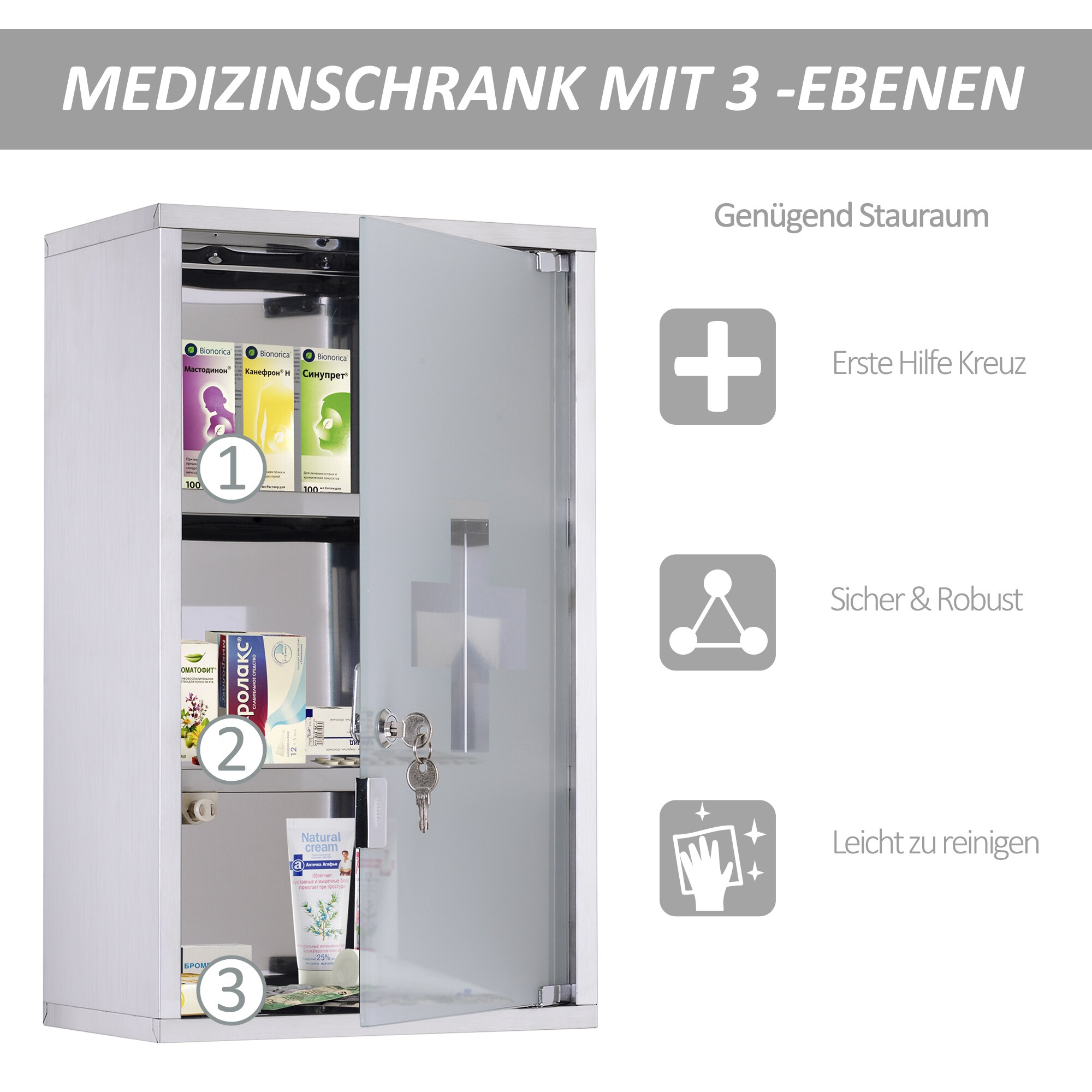 HOMCOM Medizinschrank mit 3 Fächer silber 30 x 18 x 50 cm (LxBxH)