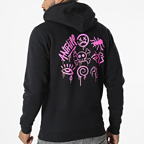 Sweat Capuche Script Noir Rose Fluo