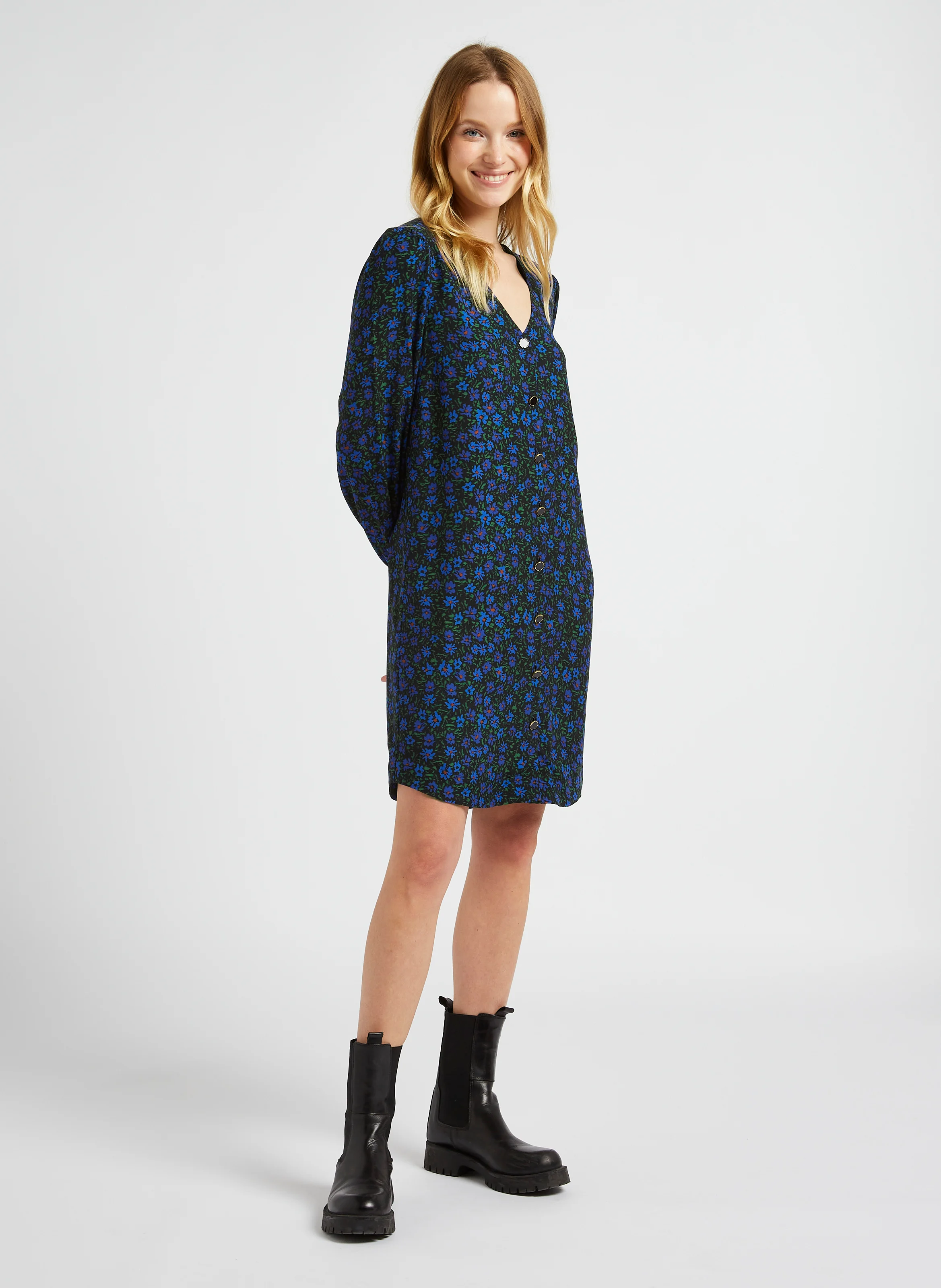 Robe courte droite col V imprimée | Noir