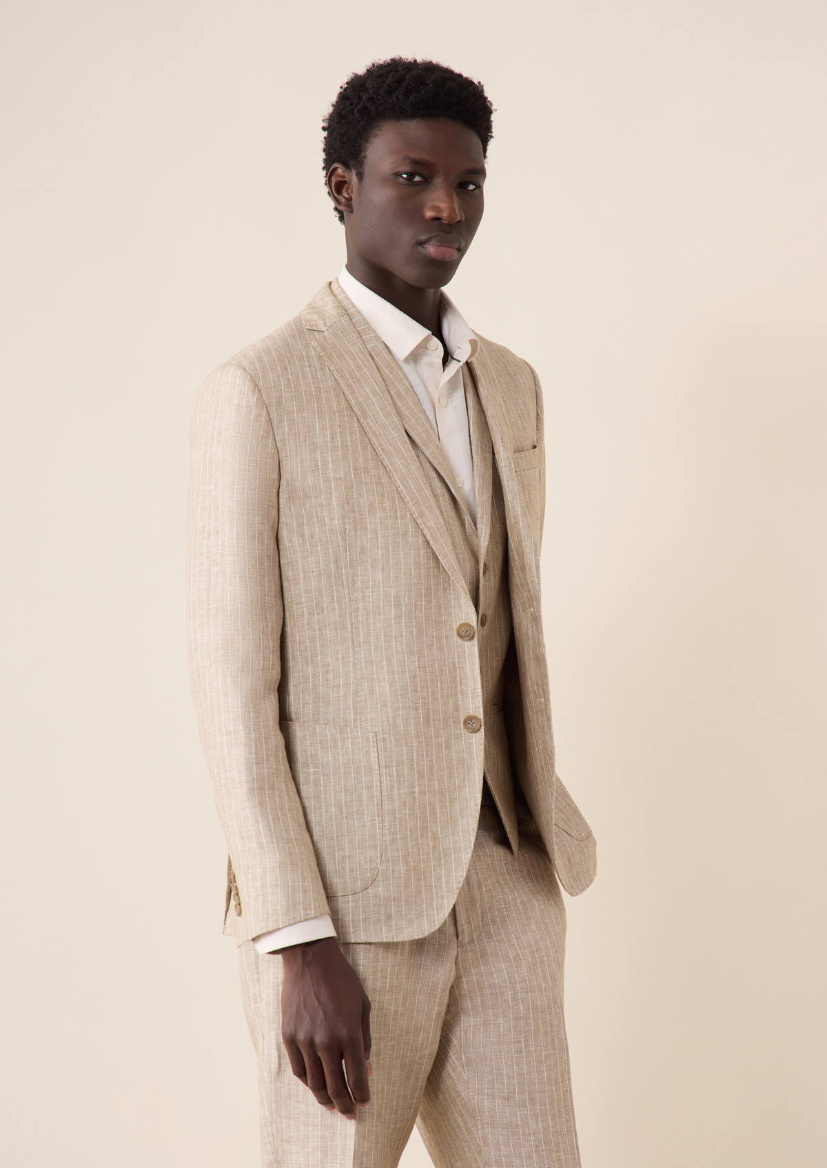 Veste coordonnable Regular en lin beige à rayures blanches
