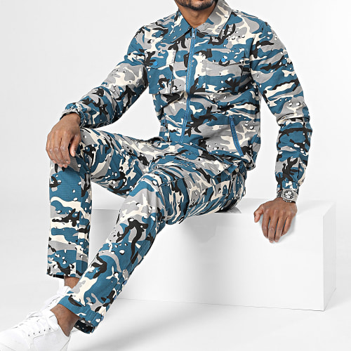 Ensemble Veste Zippée Et Pantalon Cargo Bleu Marine Gris Blanc