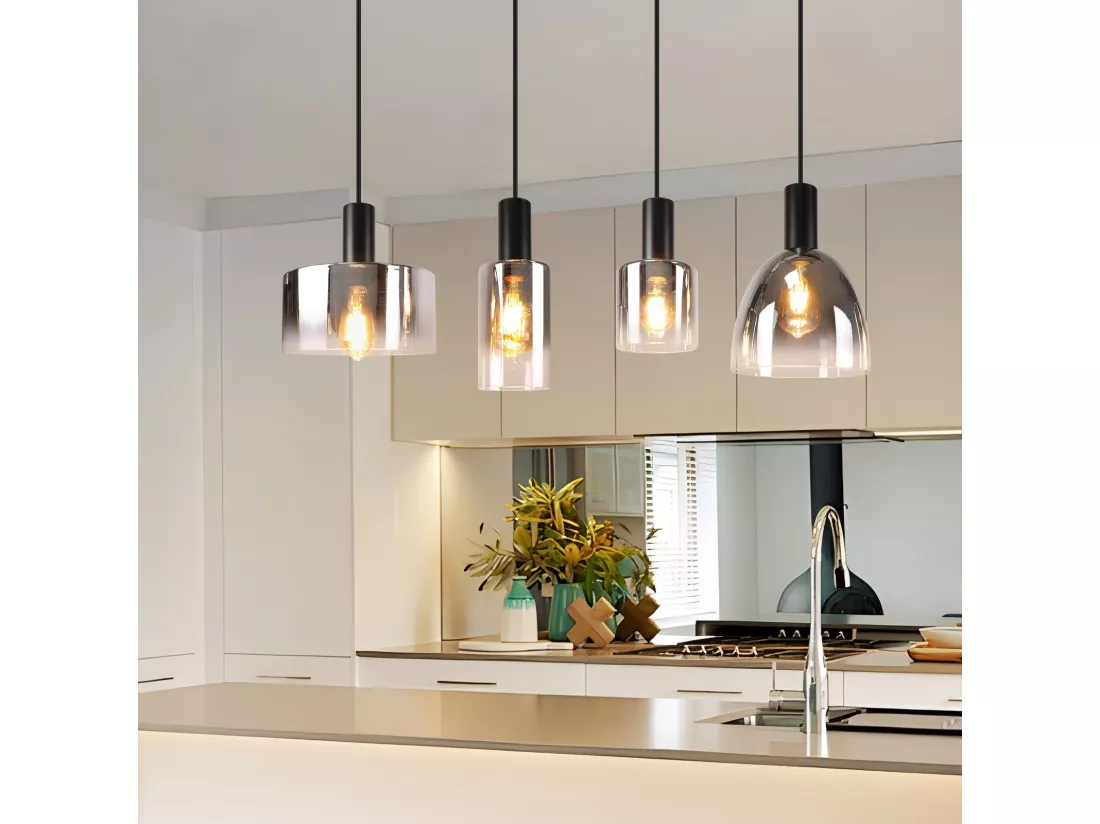 Lampe à Suspension Pour Table à Manger Vintage En Verre Gris Fumé E27 Réglable En Hauteur Pour Salon