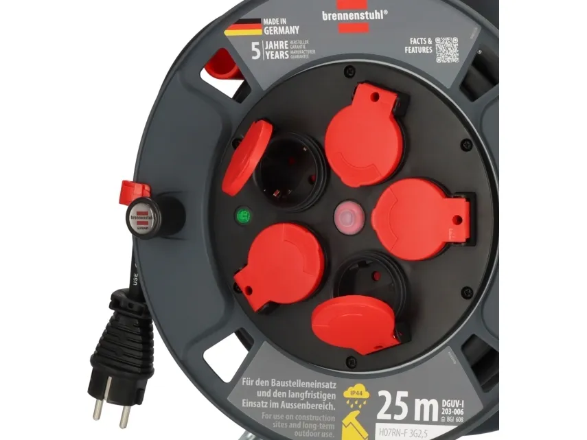 Brennenstuhl 9232250100, Sort, Rød, Plast, 5 AC stikkontakt(er), Lige, 25 m, IP44