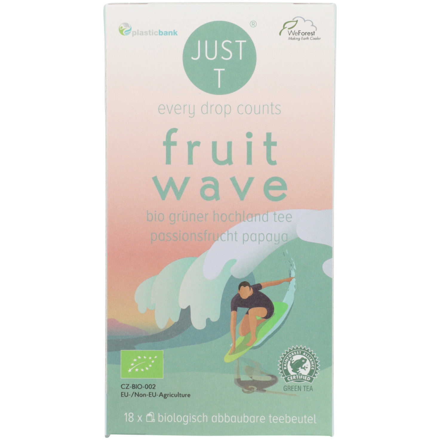 Just T Bio Fruit Wave Grüner Tee Passionsfrucht Papaya 18 Beutel