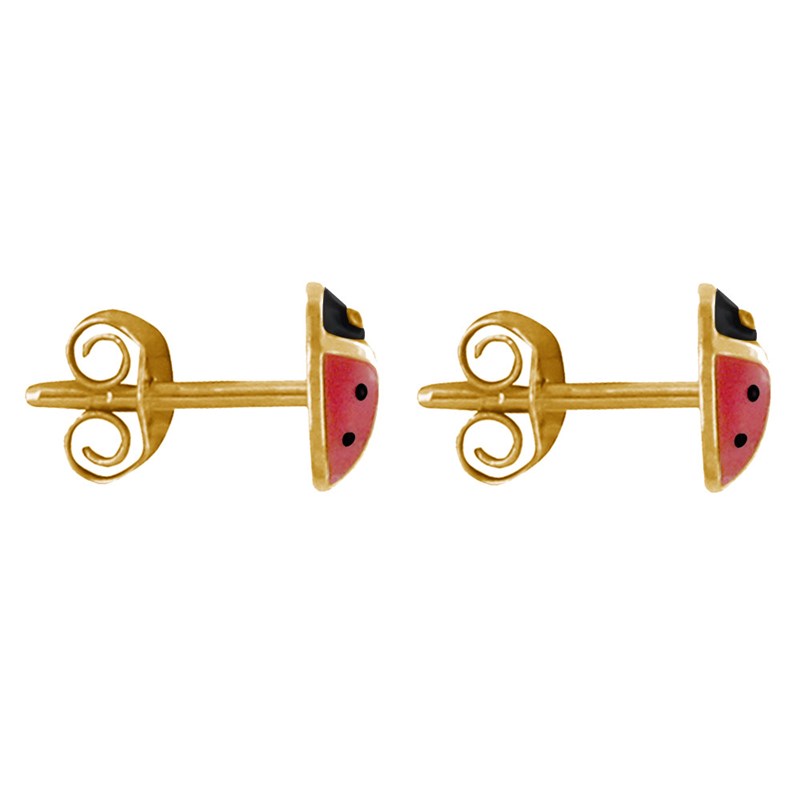 Boucles d'Oreilles Clous Plaqué Or Coccinelle Rouge et Noire