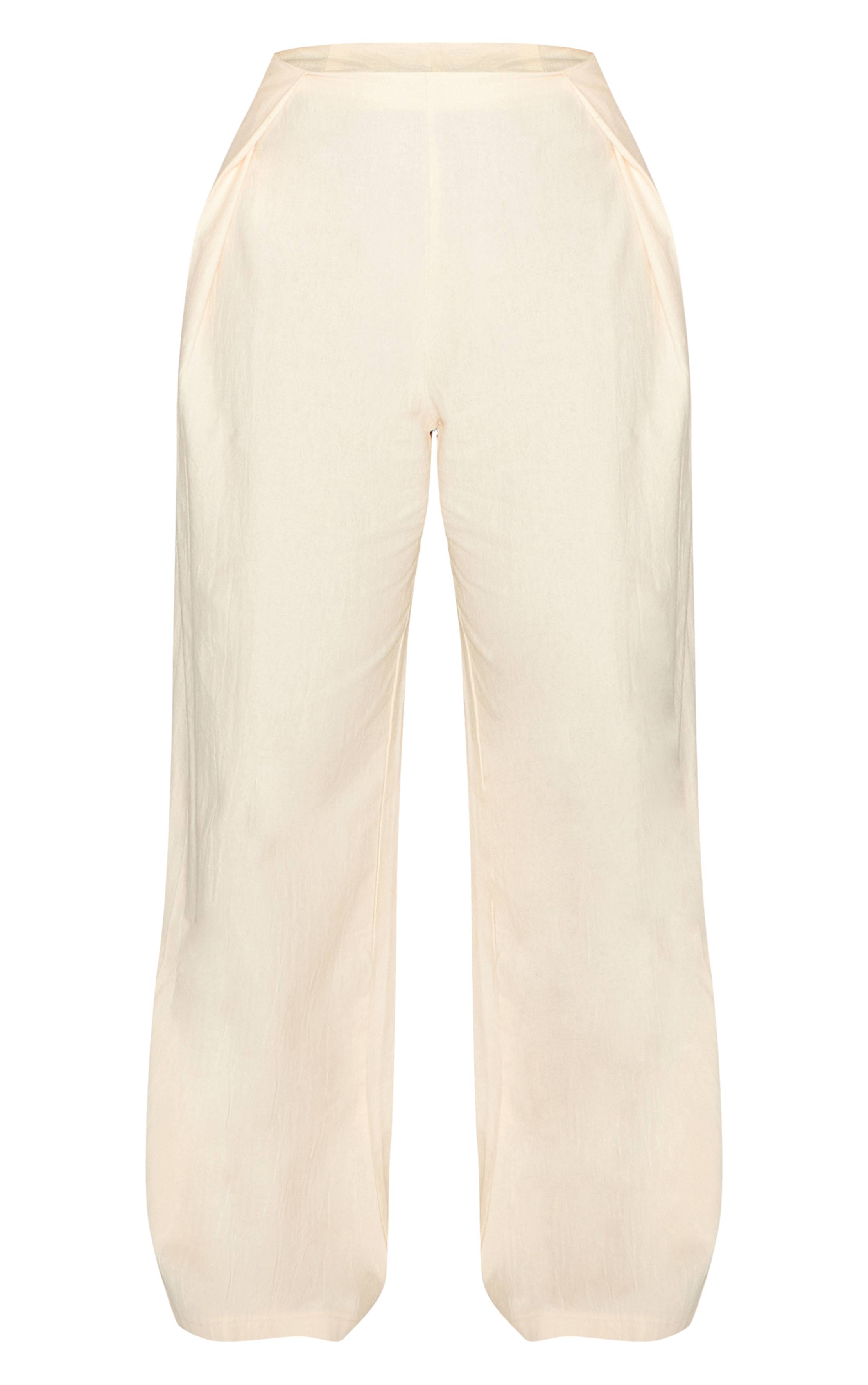 Crème Pantalon Large Plissé Taille Haute Aspect Lin Ensemble Coordonné Shape