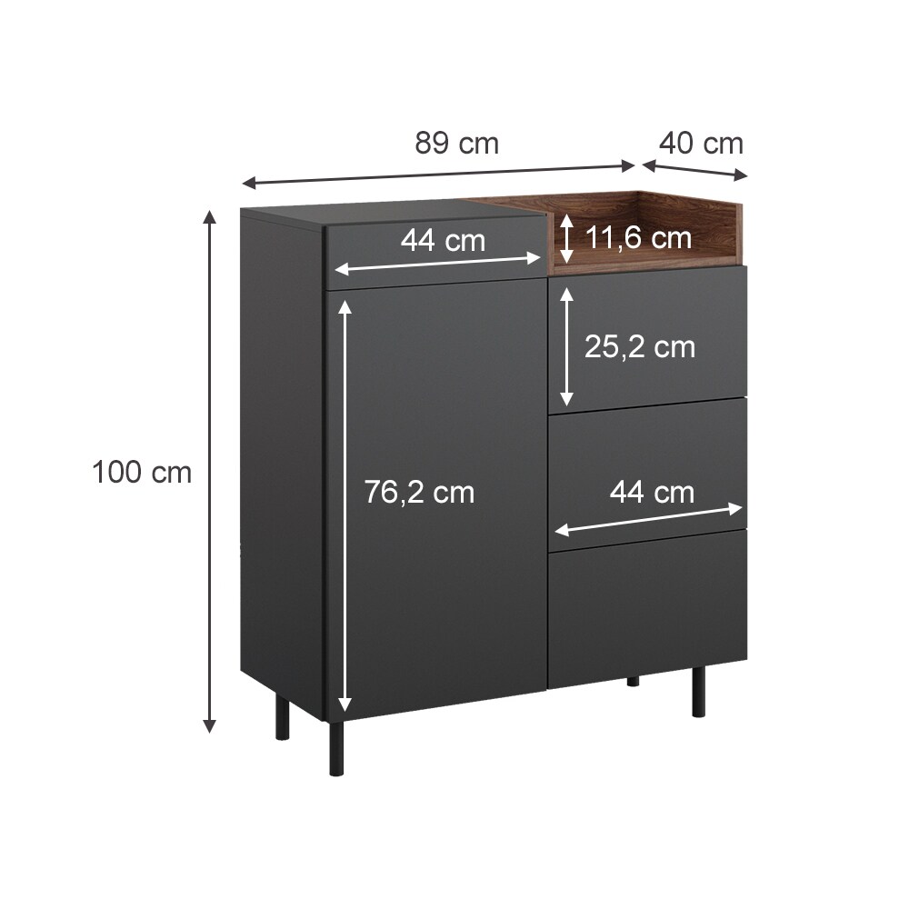 Vicco Kommode Anika, 89 x 100 cm, Anthrazit Walnussbraun mit Tür, 4 Schubfächer