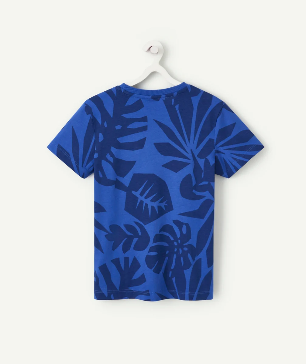 T-SHIRT GARÇON EN COTON BIO BLEU IMPRIMÉ FEUILLAGE