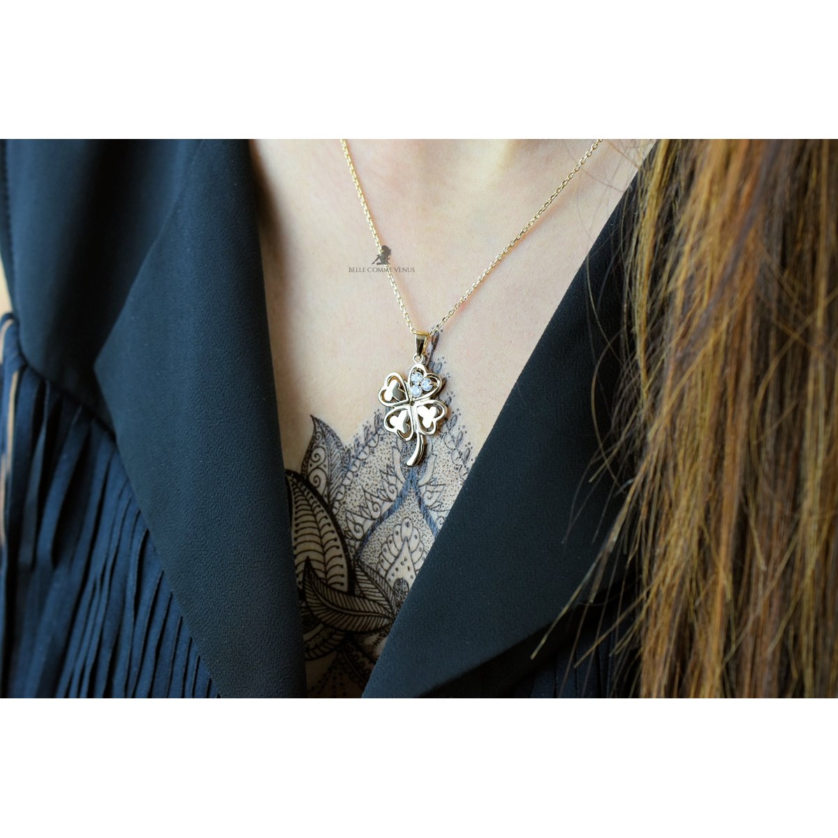 Collier porte-bonheur trèfle de coeurs oxyde de zirconium Plaqué OR 750 3 microns