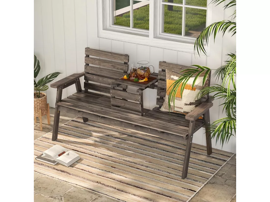 Banc de Jardin en Bois Massif, Banc d'Extérieur à 2 Places avec Table Centrale Pliable, Siège à Lattes pour Parc, Porche, Cour, Charge 320 KG, 160 x 64 x 86 CM (L x l x H), Brun