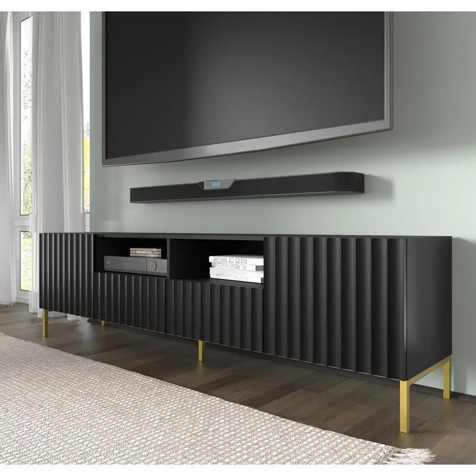 WAVE TV-meubel 2D2S 200 cm mat zwart   gouden frame