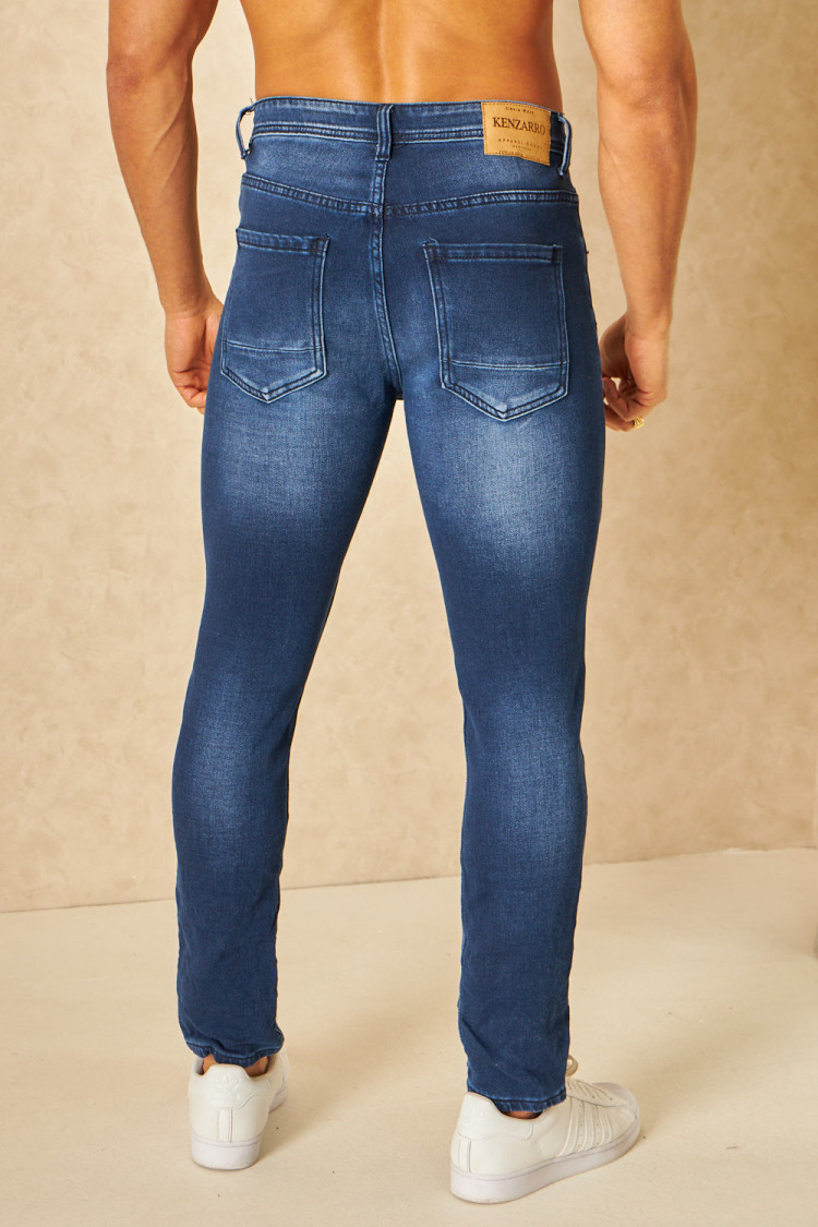 Jeans slim bleu déchiré avec élastique à la taille