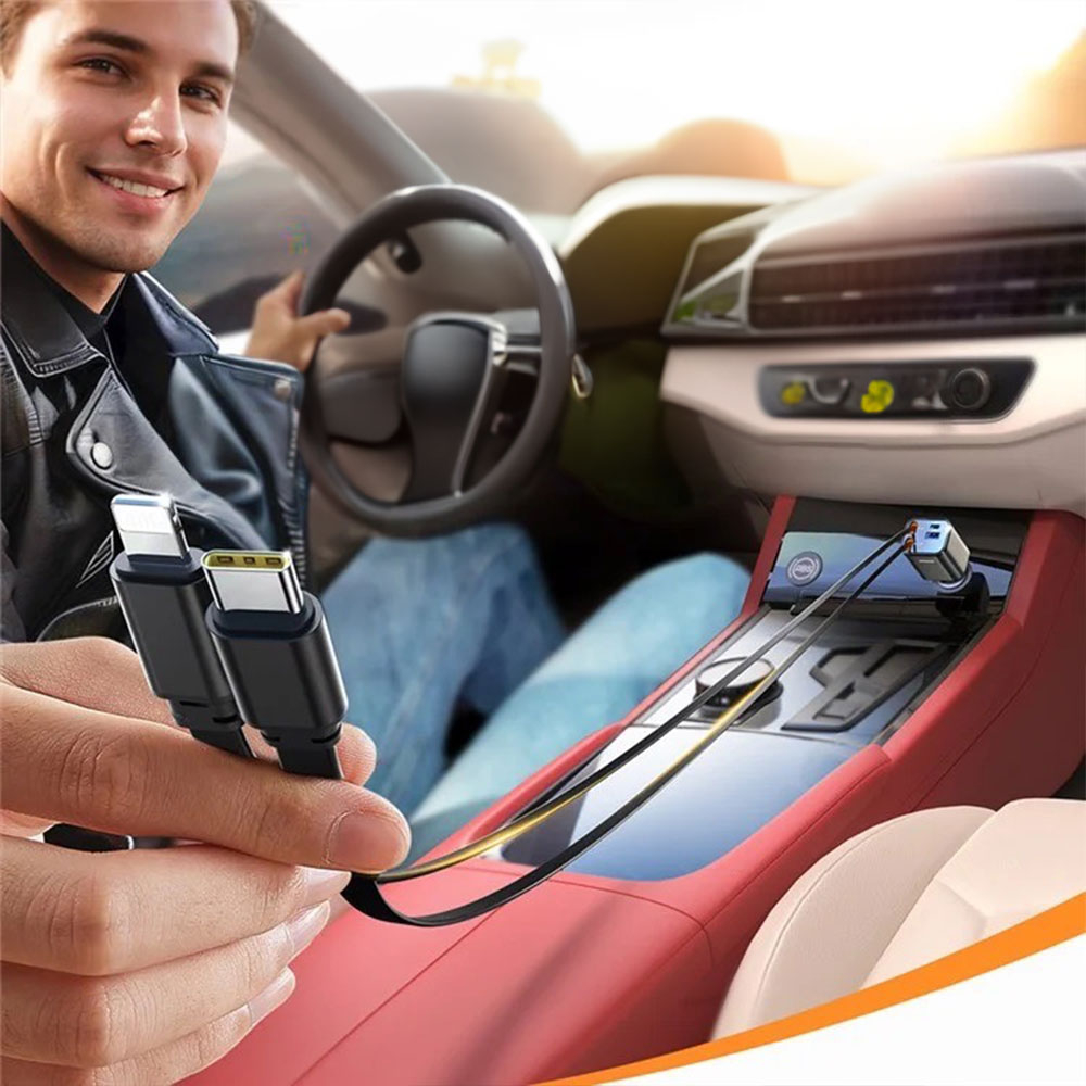 (65W) USB C / USB A Auto KFZ Ladegerät Netzteil PD 3.0 / QC 3.0 mit Ausziehbares USB C / Lightning Ladekabel - Silber / Schwarz