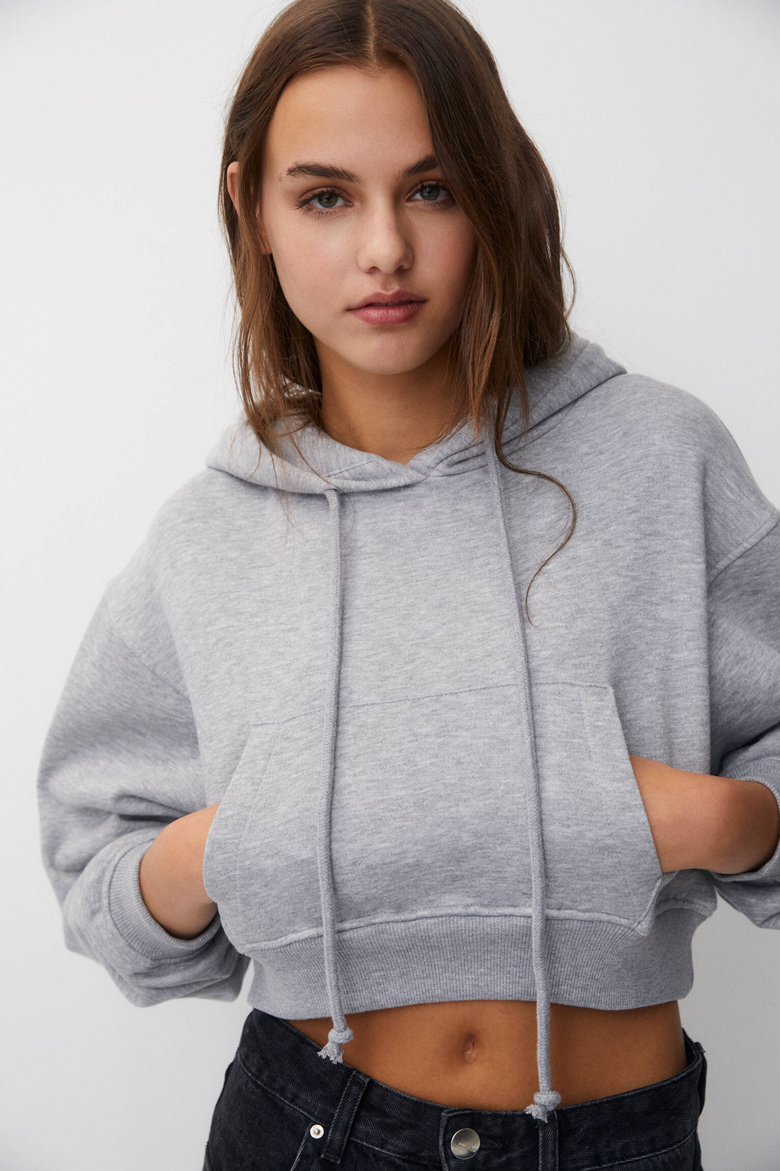 Moletom cropped com capuz - Cinza mesclado