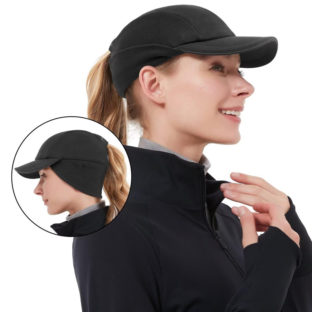 Damen Baseball Cap Winter Mütze Ohrenwärmer Schirmmütze Accessoire Schiebermütze mit Zopfloch (One Size) - Schwarz