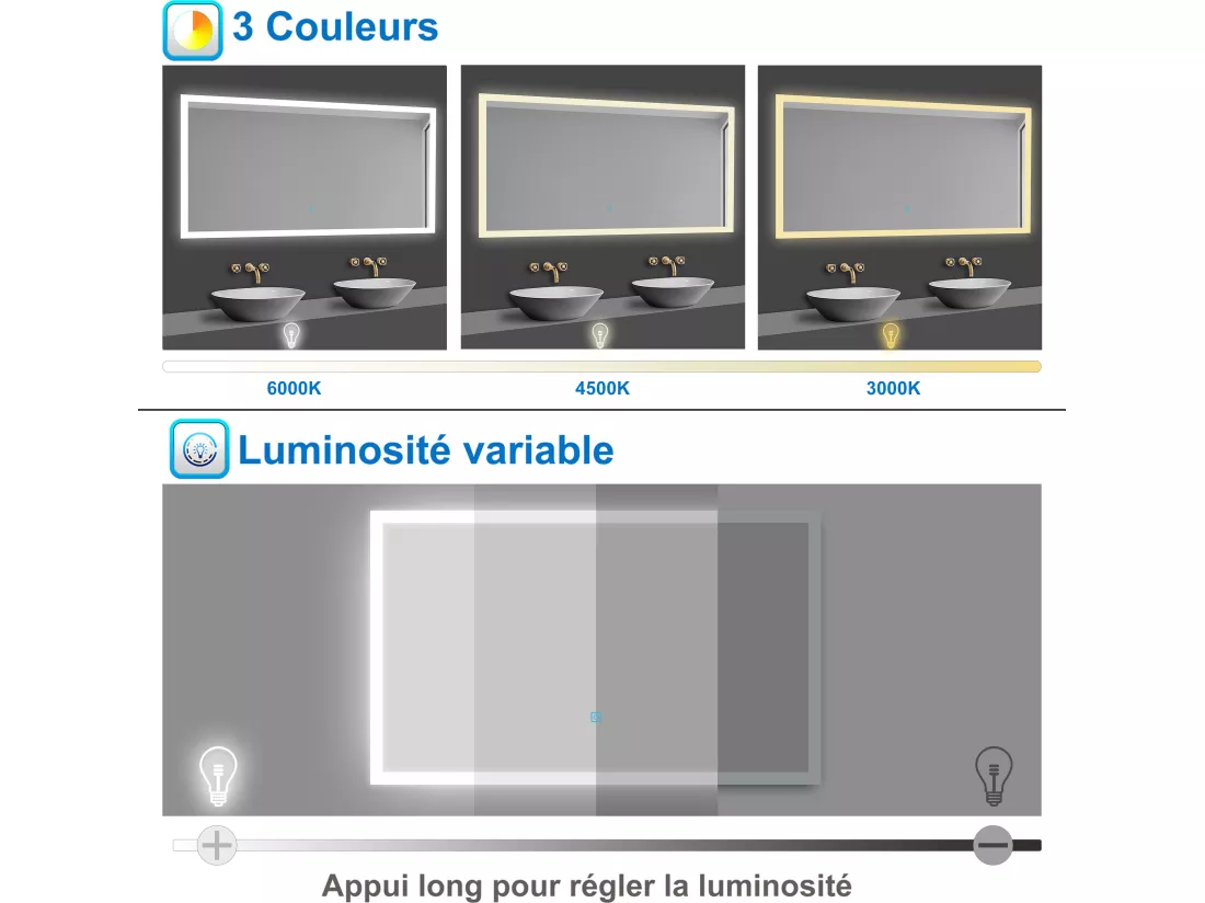 Miroir lumineux 60 x 50cm avec 3 Couleurs + Dimmable + Anti-buée, Mural Miroir salle de bain