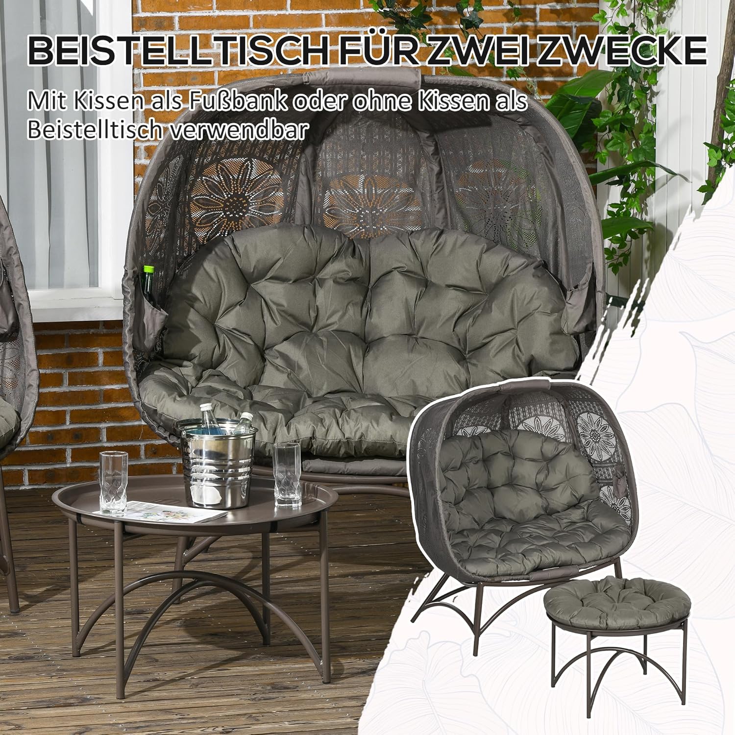 Outsunny 3tlg. Gartenstuhl-Set, Korbstuhl mit Faltbarem Sitzkorb, Couchtisch, Kissen, Loungesessel für Terrasse, Balkon, Stahl, Sand