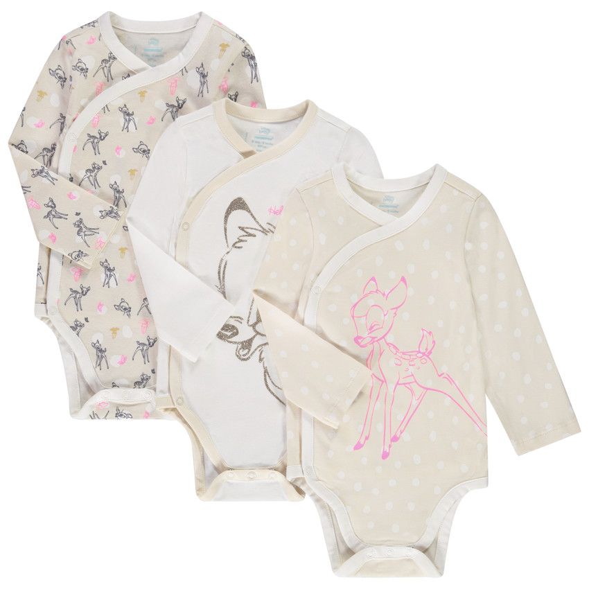 Lot de 3 bodies manches longues en jersey print Bambi Disney pour bébé garçon - Ecru