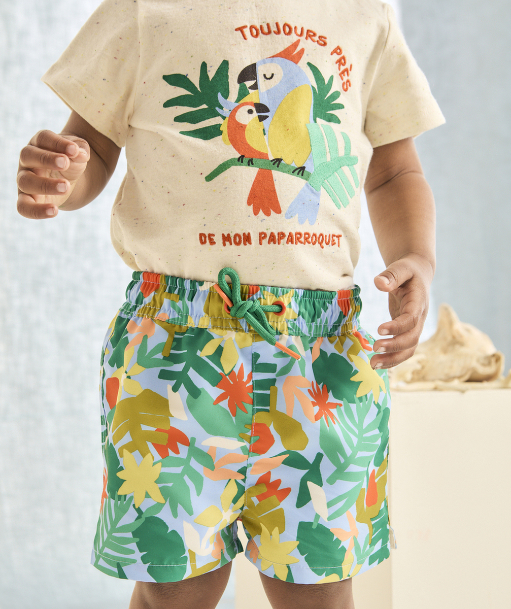 SHORT DE BAIN BÉBÉ GARÇON EN FIBRES RECYCLÉES BLEU IMPRIMÉ FEUILLE
