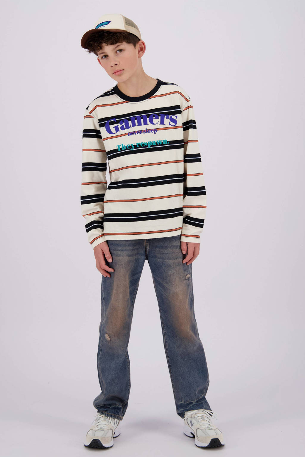 Vingino gestreepte longsleeve Jaci ecru/zwart/bruin