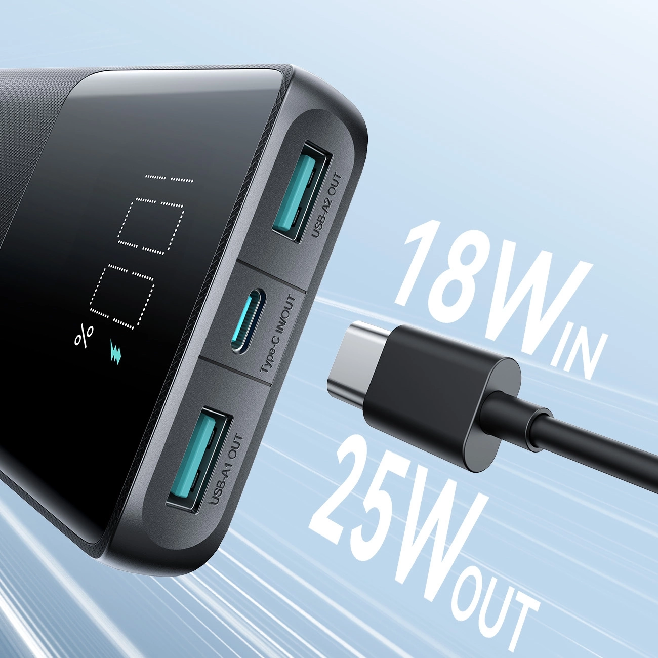 (25W) 10000mAh Dual USB A / USB C Powerbank Power Delivery Ladegerät (JR-PBF20) - Schwarz