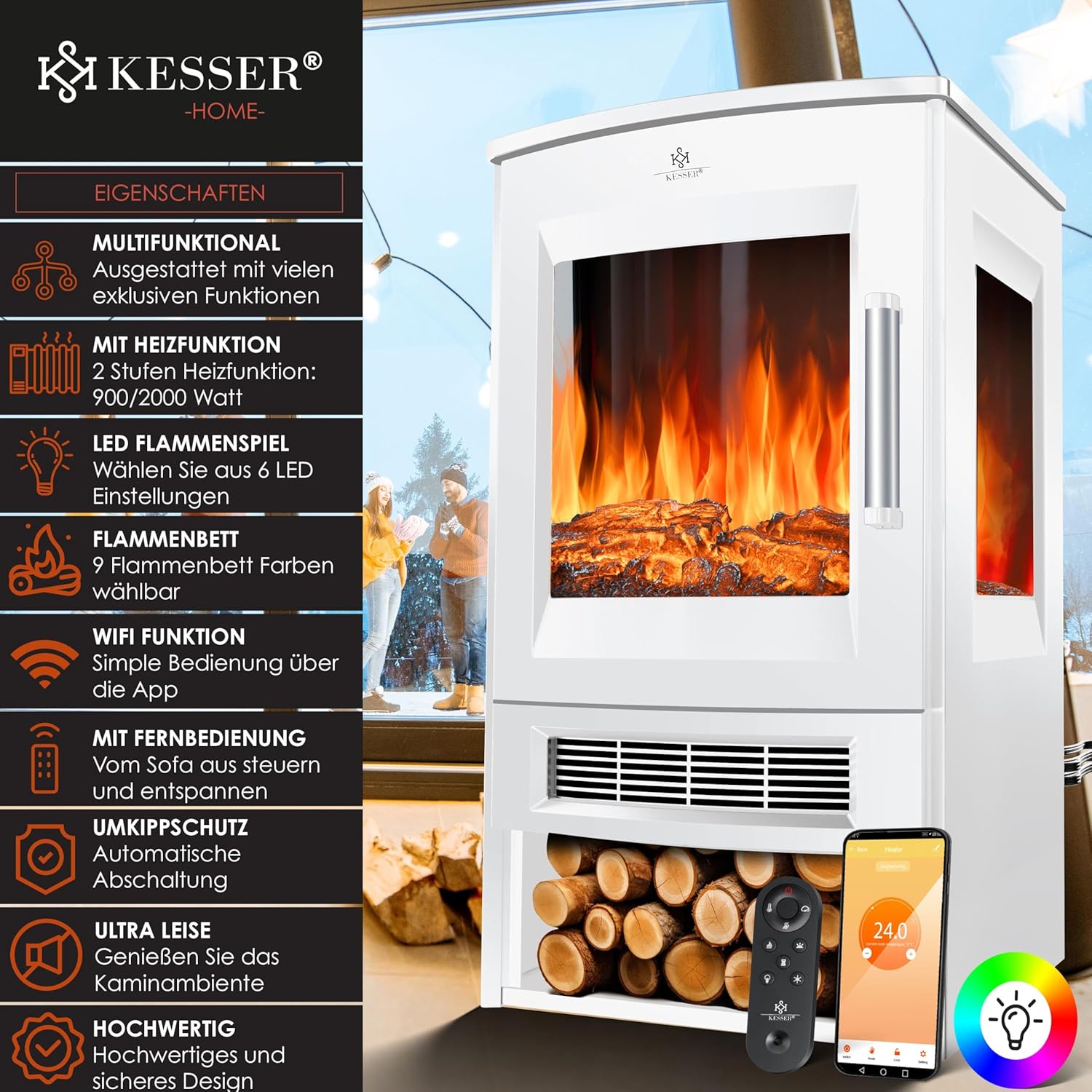 KESSER® Elektrokamin mit Heizung Panorama-Sichtfenster Heizlüfter 9 LED-Flammeneffekt Farbmodi Fernbedienung WiFi App 900/1800W Kaminfeuer elektrisch mit Thermostat Heizfunktion Timer
