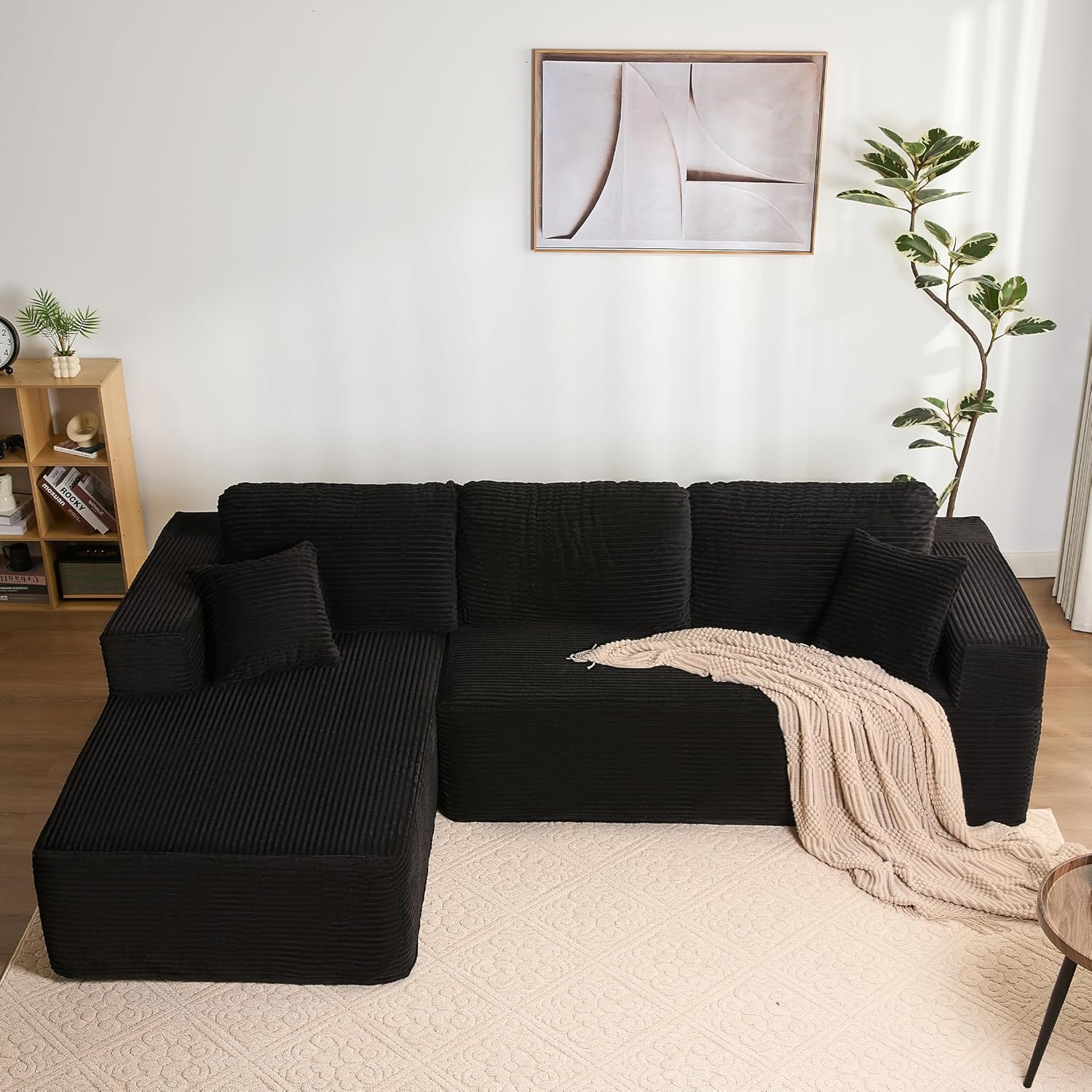 Modulares L-förmiges Ecksofa mit Schlaffunktion – rahmenloses Schlafsofa mit Chaiselongue Links, extra tiefer Sitzfläche, montagefrei, für Wohnzimmer,Schwarz