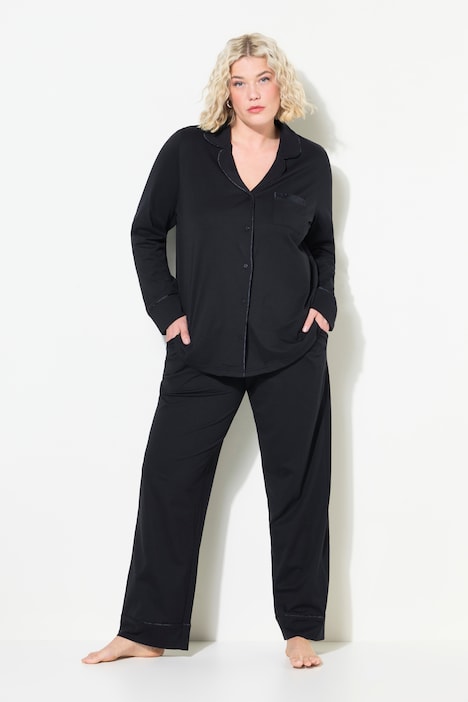 Pyjama, Satin-Piping, Reverskragen, Langarm