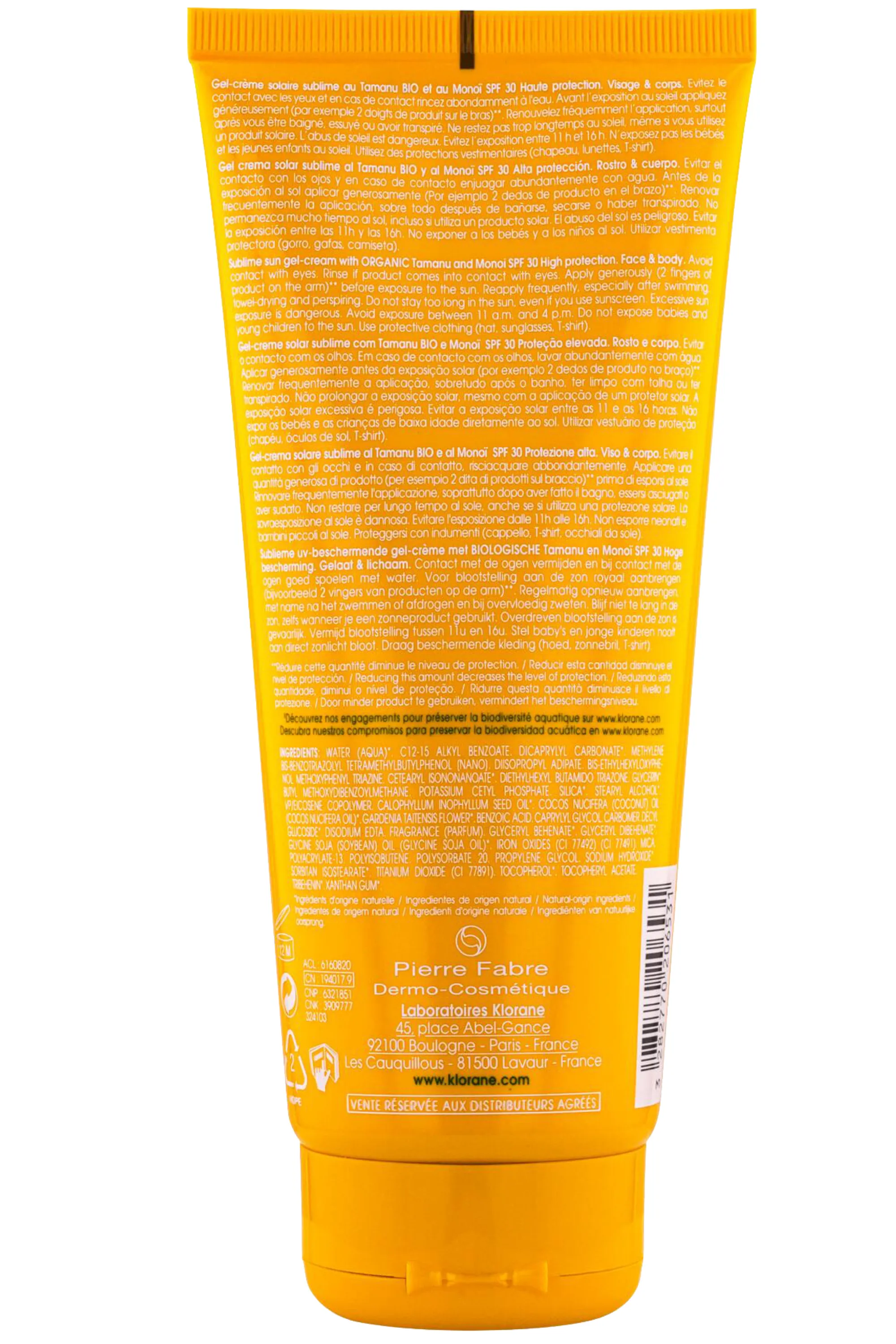 Klorane Gel-crème solaire SPF30 au Tamanu bio et Monoï-200 ml