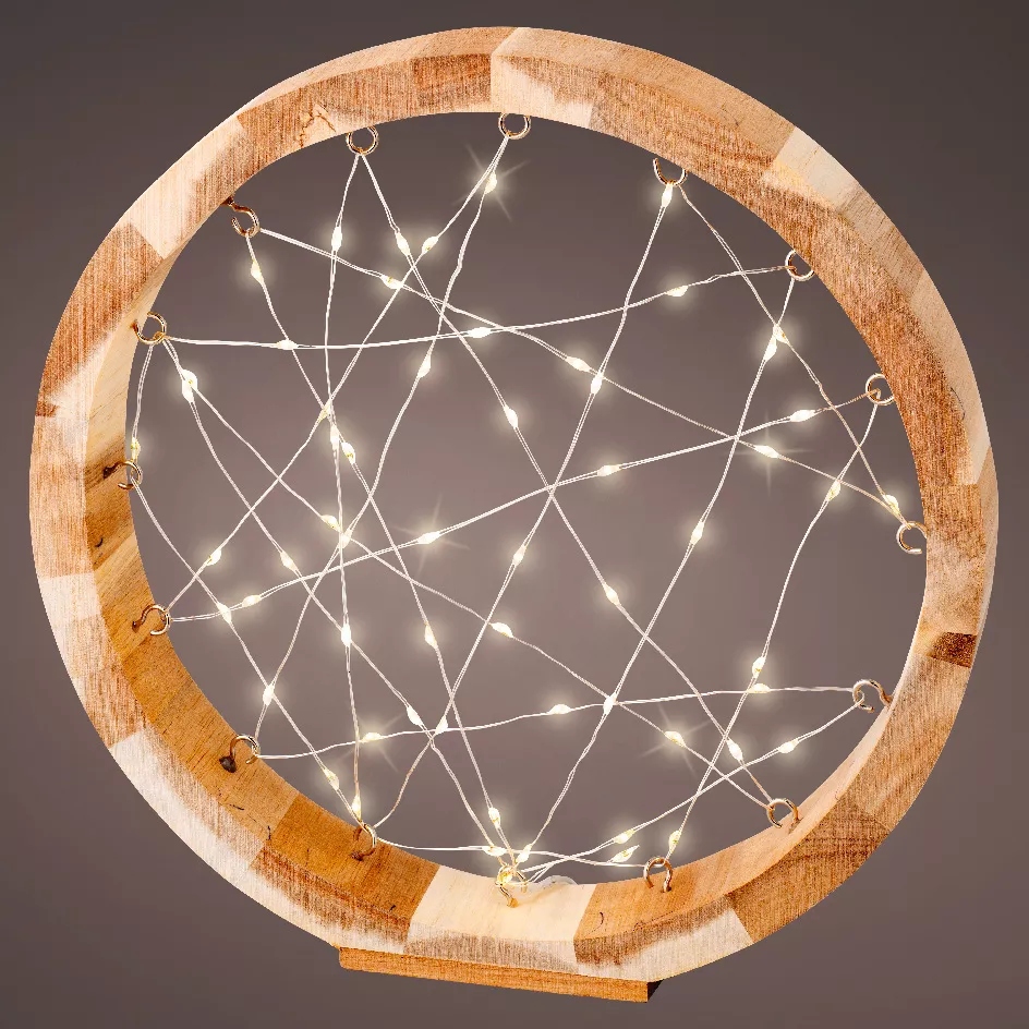Cercle lumineux à piles 60 LED (D24 cm) Astre en bois Blanc chaud