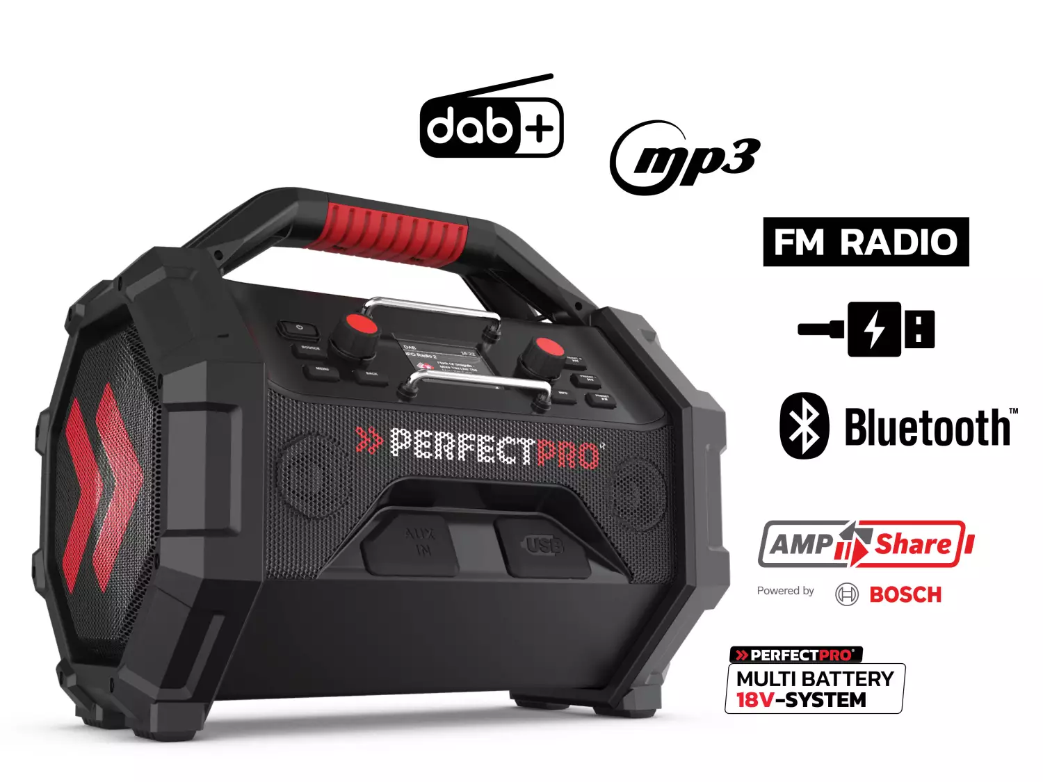 PerfectPro ROCKTAGON OCT-18V multi battery Bouwradio - FM RDS - DAB  - Bluetooth - AUX In