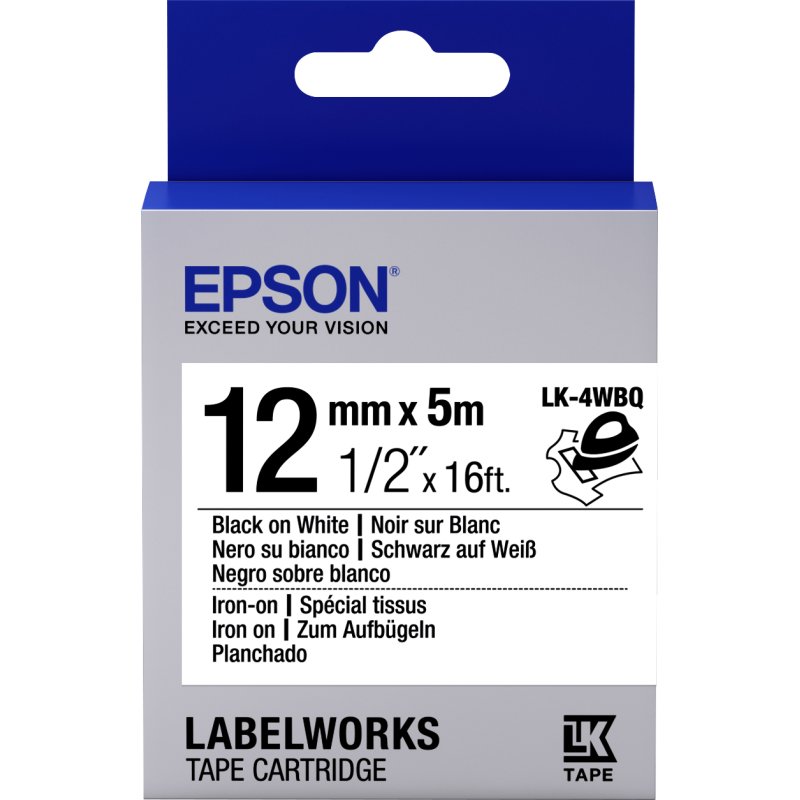 Epson LK-4WBQ - Spécial tissu thermocollant - Noir sur Blanc - 12mmx5m