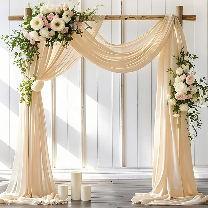 (2er Set) 550x75cm Polyester Hochzeit Vorhang Drapierstoff für Hochzeitsbogen Freihand Deko Gardine Party Foto Requisite - Beige